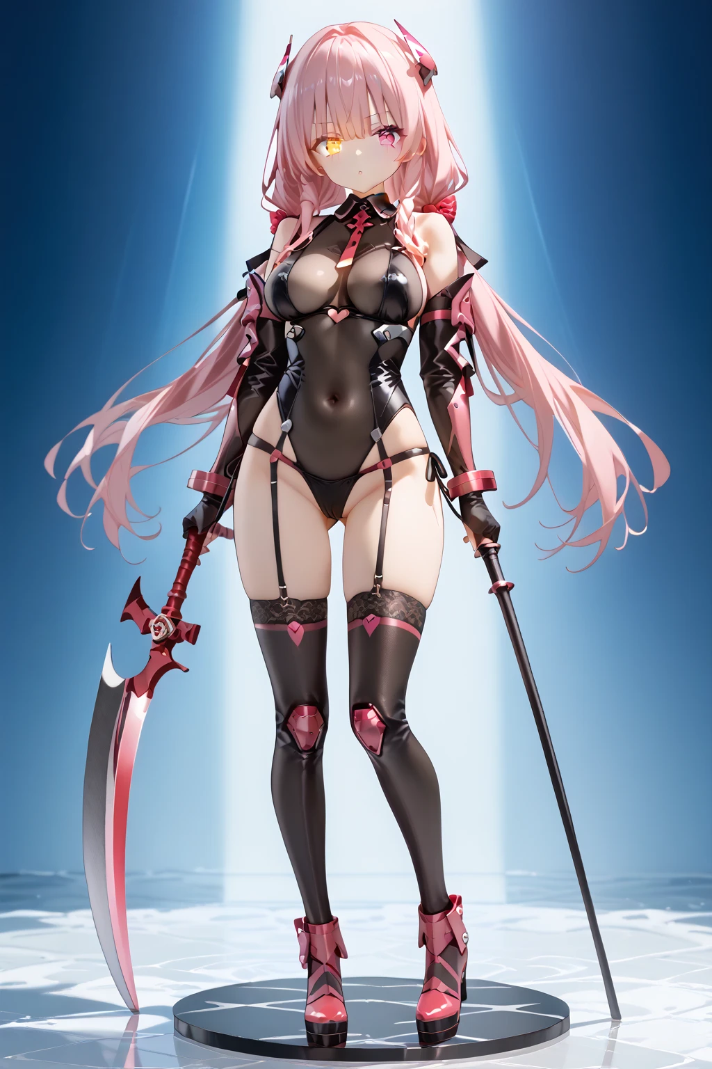 Super fine realistic figure statue, contour deepening beautiful detailed glow, ribs, holding, shiny hair, Beautiful and detailed black, extremely CG, dynamic poses, an extremely cute and Hentai creepy skin solo girl, highly ahegao, crossed eyes, stylish bikini suit, highly detailed beautiful face and eyes, beautiful gradation hair, cyborg school girl, fighting stance, shiney sun lighting, neon tone, huge weapon, cyberpunk style background
