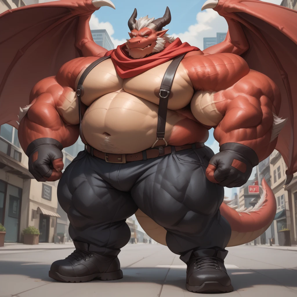 bright red colored bara dragon, white countershade, red skin, large hairy pecs, strong physique, tribal tattoos, scarlet samurai hair in ponytail, cyan colored eyes, black sclera, very muscular, perfect anatomy, scars on body, full body view in frame, nipple piercings, solo, masterpiece, sexy pose, manly pose, beard, strong jaw, thick thighs, giant biceps, huge hairy pecs, muscular, smirking, smug expression, dragon tail, macro, tall, incredibly huge, insane height, height difference, insanely tall, 10 thousand foot heigh, in tiny city, from above angle, top down angle, correct perspective, tiny figure on hand, holding tiny person, tiny person in hand, gentle macro, wearing thong, grin, amazing shading, full body, detailed hands, detailed eyes, detailed face, detailed arms,anthro, muscular, abs, (detailed:1.5), male, detailed background, by bozi, by zackary911, by SligarTheTiger