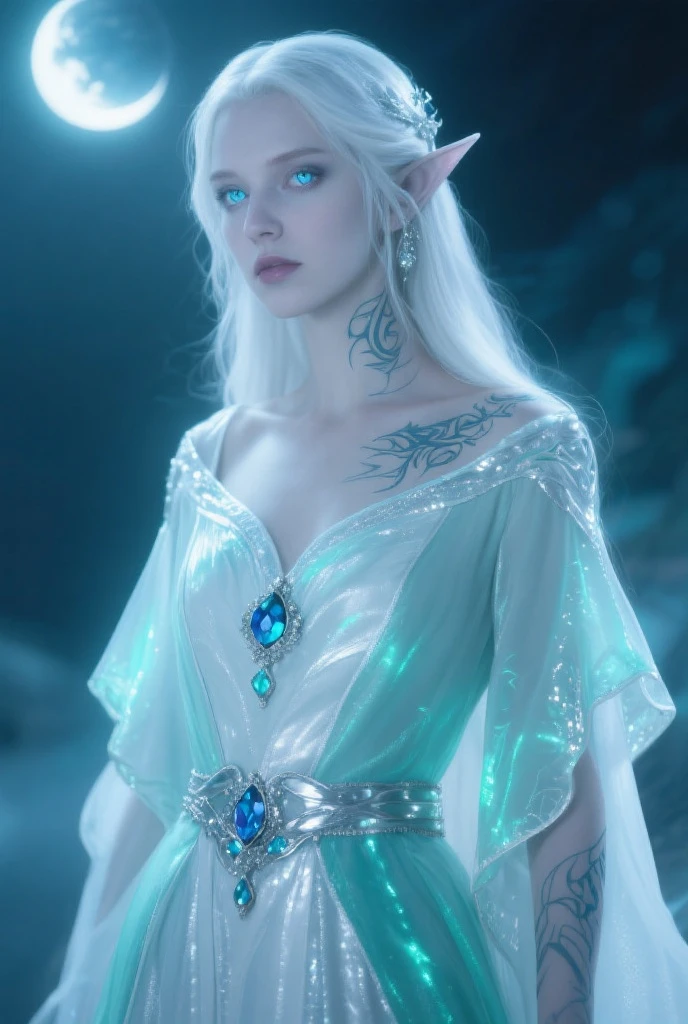 A ice elf (lovely woman, pale blue skin, deep blue hair and eyes, sheer reflective evening dress) acting alluring in a winter wonder land