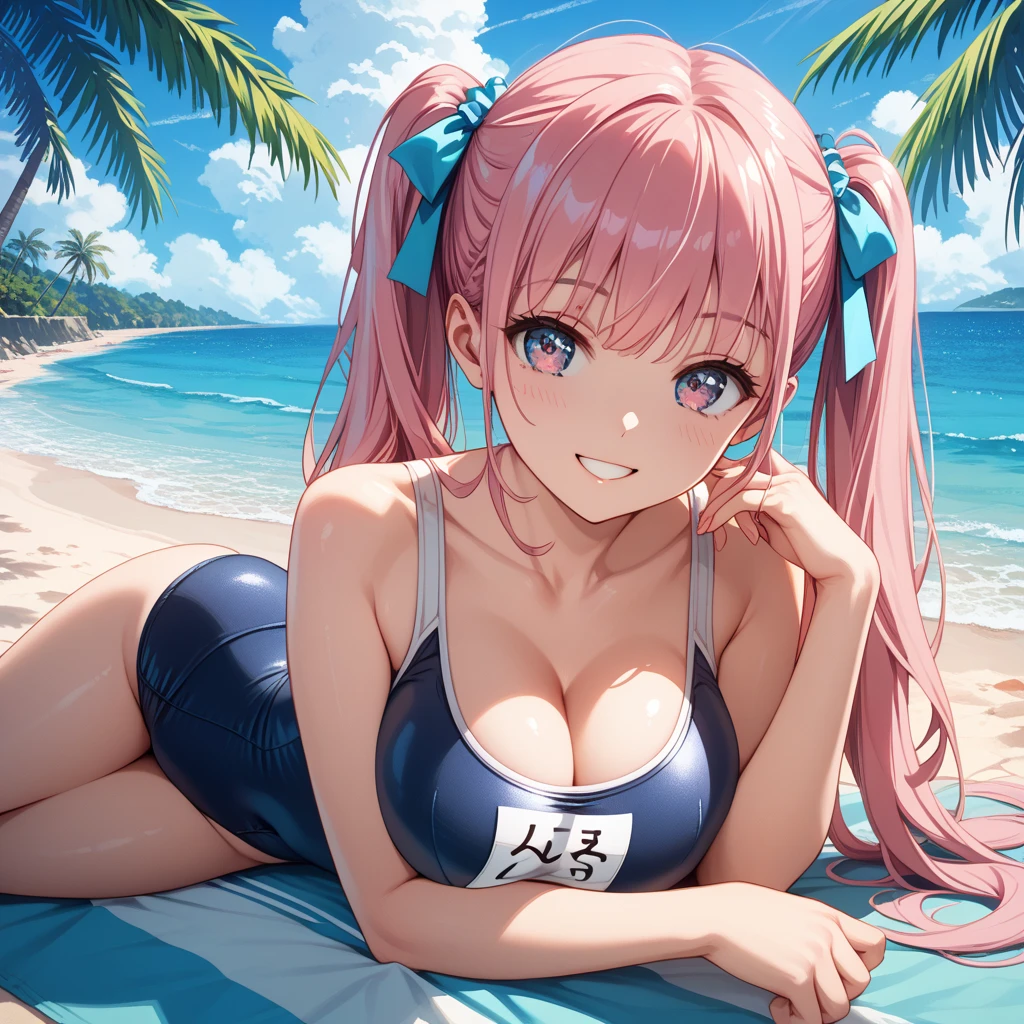 best quality, insanely detailed, nino nakano, breasts, blush, bedroom background, looking at viewer, cheerful eyes,arousal, one-piece swimsuit, old school swimsuit,