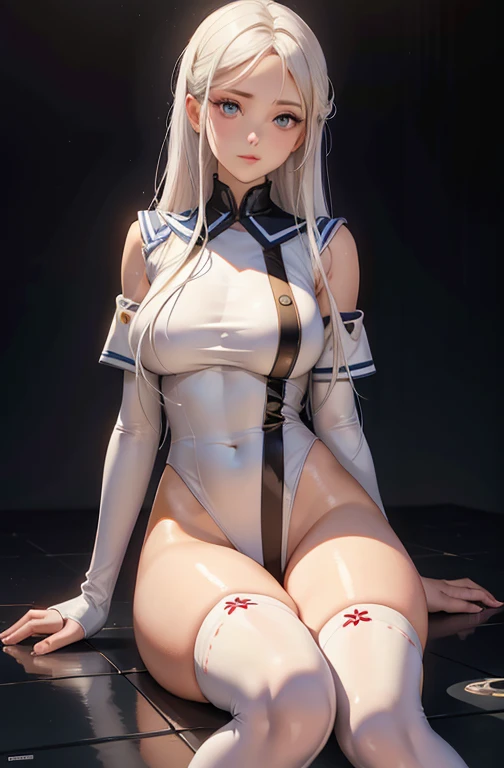 girl、、Bink、leotard、whole body。blue eyes、White Hair、Functional、Seductive pose、front、noon、Outdoor、garden、Beach、No cat ears。