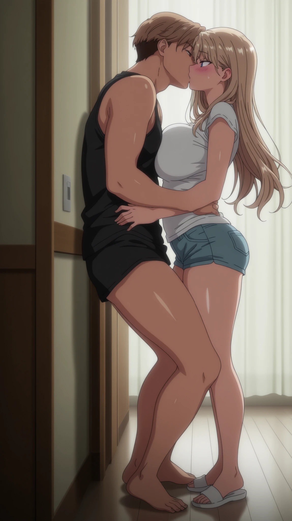 1 girl and 1 boy, brunette, brown eyes, brown hair,amazing quality, blonde hair, blue eyes,masterpiece,Best quality,Best illustration,Anime coloring,Anime screenshot,Best shading,Very aesthetic,Realistic wind,Anime screenshot,Looking at boy,big breasts,blushing,masterpiece,wind,high quality, dynamic lighting, wild,kissing,  full body,hair down, sex missionary pose, casual outfit, short shorts