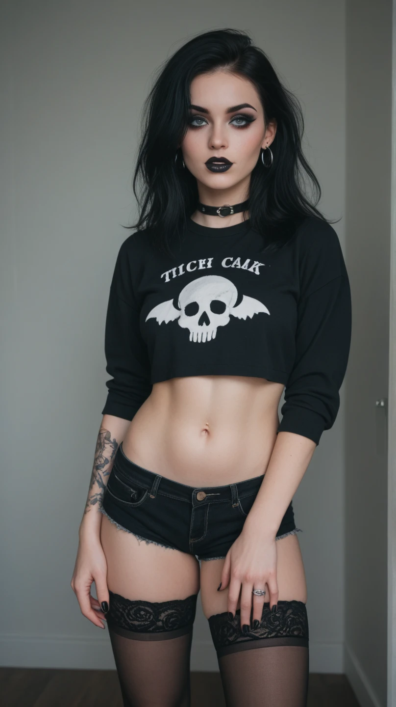 foto RAW, una mujer con una camiseta que dice bruja mala, por Marie Bashkirtseff, tumblr, gothic art, malla rasgada, toxic cat, 9 0 s, cintura - tiro (piel alta y detallada:1.2),8k UHD, DSLR, Soft lighting, alta calidad, Film grain, Fujifilm XT3