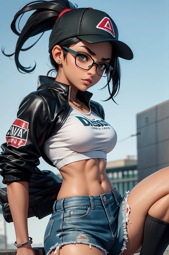 Beautiful American model with stunning 3D resolution 12K character in style [gritty Hip-Hop], [squat], panties, [wearing leather jacket], elaborate clothes, large breasts, big tattooed ass, hourglass body, headphones, big dark gold glasses, long curly dark hair, [butt show], looks at the viewer, smile, chibi in detail, detailed background graffiti, highly detailed,  bright colors, ultra high quality, hyper-realism, photorealism, [octane rendering].