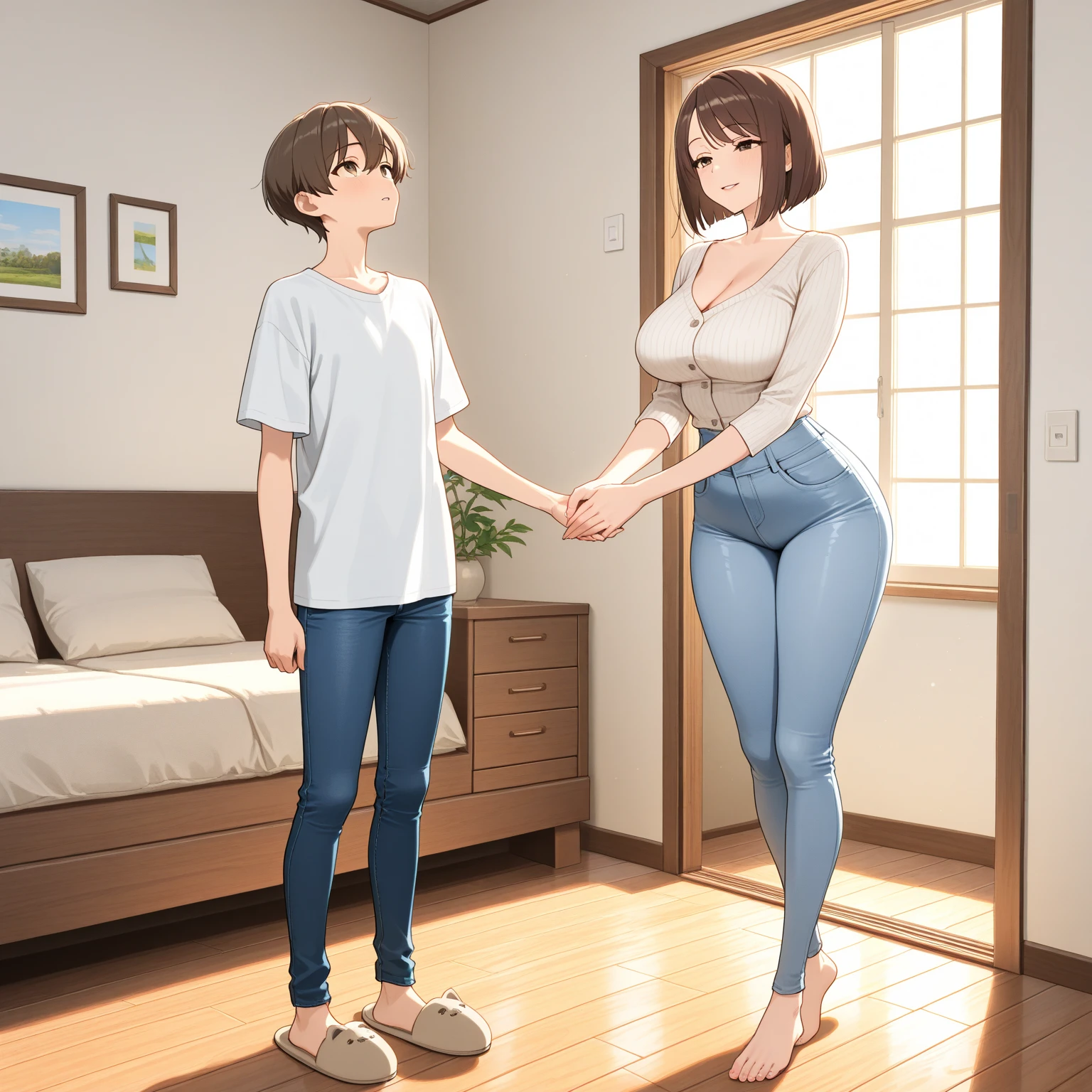 A mom seducing her young son, European 60 year old milfs with their young son with blonde and brown hair, best quality:1.4), (ultra highres:1.2), (8k, RAW photo:1.2), laurenalexis, 1girl, beautiful girls, the mom is showing off their curves, bending over seductively, wearing sexy outfits and short shorts, with their young son, clear eyes, a mom and her young son