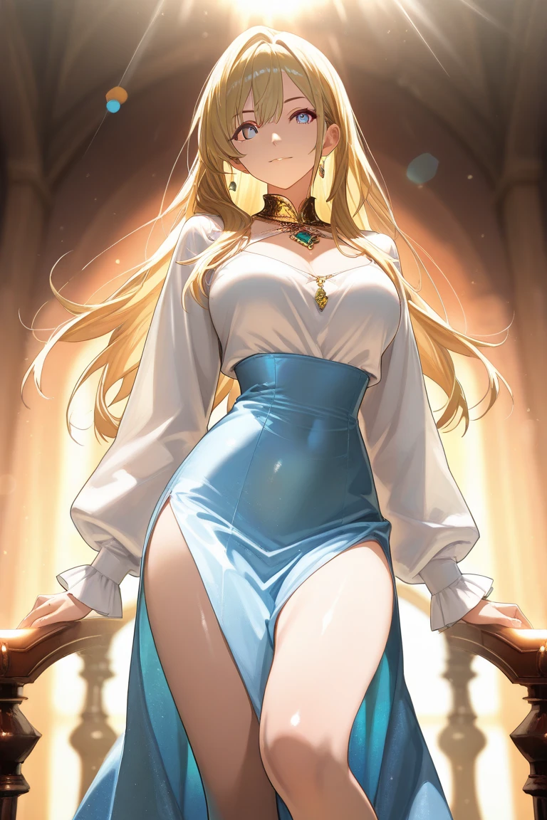 Miss Qianjin is gentle, sweet, considerate and arrogant, with white skin, beautiful long-legged 4K anime characters((midynight, Need, 8k, tmasterpiece:1.3)), full bodyesbian, Long legs, Focalors:1.2, perfect figure beautiful woman:1.4, Slim abs:1.1, ((Blonde hair, huge tit:1.2 )), (, The beautiful princess bandeau dress shows nobility, standing on your feet:1.2), ((Magical grand castle, the roof:1.3)), Highly detailed facial and skin texture, A detailed eye, 二重まぶた