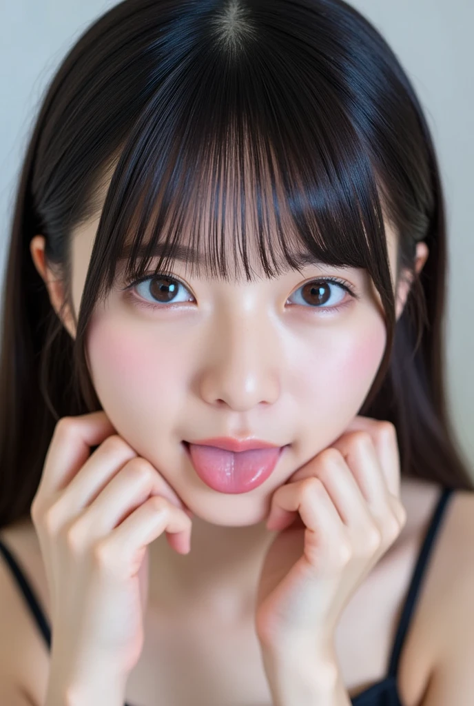 Black sweater mini dress,bare shoulder,oollarbone,open mouth,tongue out,cum on tongue,standing,slouch,Selfie,looking ahead,from above,flont view,upper body,(1girl,Beautiful 14 year old girl),((Slender,Small breasts,Small face,)),looking at viewer,Black Hair,bangs,straight,Beautiful and detailed,Mischievous smile,Dimly lit room,Simple Background,Black background,Low lighting