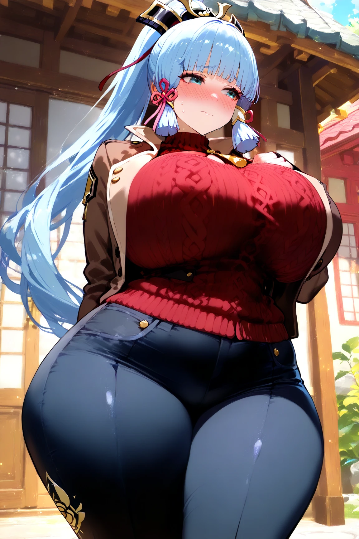(harayutaka art style:0.7), score_9, score_8_up, score_7_up, score_6_up, uncensored, ayaka from genshin impact, blue hair, blunt_bangs, pony_tail, blue eyes, BREAK (masterpiece:1.2), best quality, high resolution, (detailed eyes:1.3), perfect lighting, (perfect hands, perfect anatomy), huge breasts, 1girl, breasts, solo, gloves, shorts, thighhighs, red shorts, looking at viewer, sideboob, short shorts, brick wall, brown gloves, against wall, white thighhighs, ass, single glove, belt, thighs, blush, bare shoulders, leaning forward, camisole, sleeveless, parted lips, from side