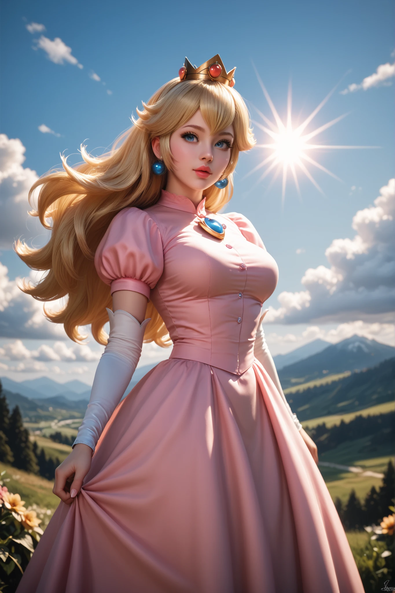 Princess Peach cosplay, Tall blonde girl, big blue eyes, landscape background Swiss mountains, Backlighting, sun clouds deep blue sky, professional cinematic photography high detail texture, coherence lights shadows high quality, Well done limbs