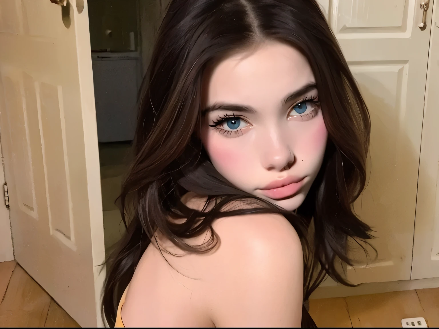 ,1 girl、Taylor Hill、1 girl、超High resolution, retina, Accurate, masterpiece, Anatomically correct, Very detailed, Textured skin, Attention to detail, high quality, High resolution, 8k、、Big double eyes、nose、The focus is on the mouth、close-up focus on face、Woman with open mouth and closed eyes、18-year-old、Black Hair、