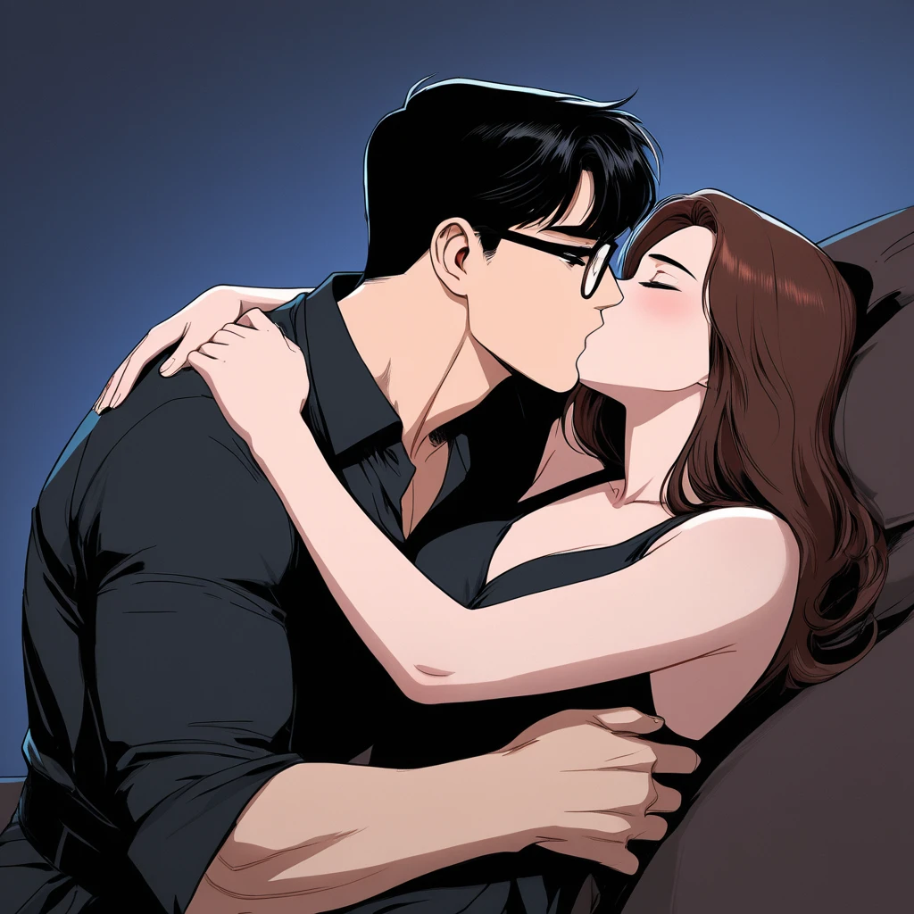 Boy wearing orange t shirt and brown pants kissing a woman wearing a white top with floral decorations on the bed, passionate, intensely intimate, lustful, hot