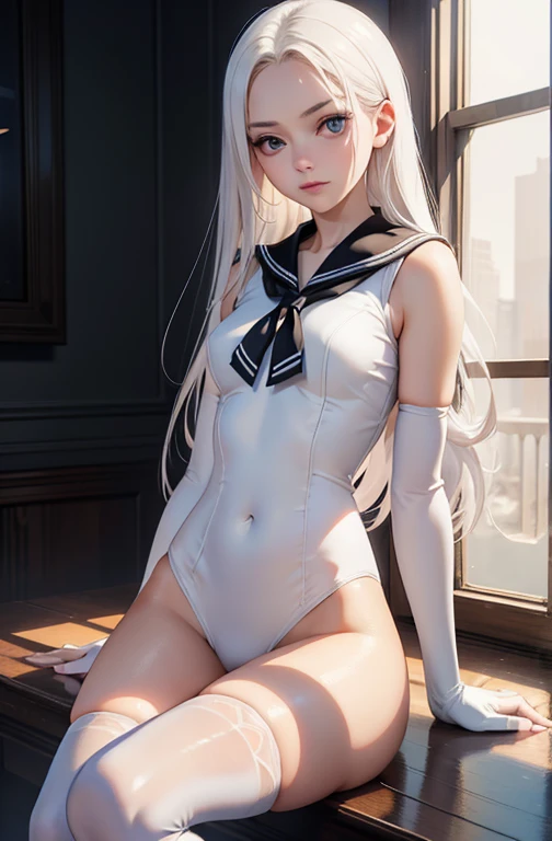 Masterpiece, white hair, blue eyes, expressive eyes, sailor venus, Playboy bunny costume, long hair, thin waist, hip girl, thin legs, in a bar