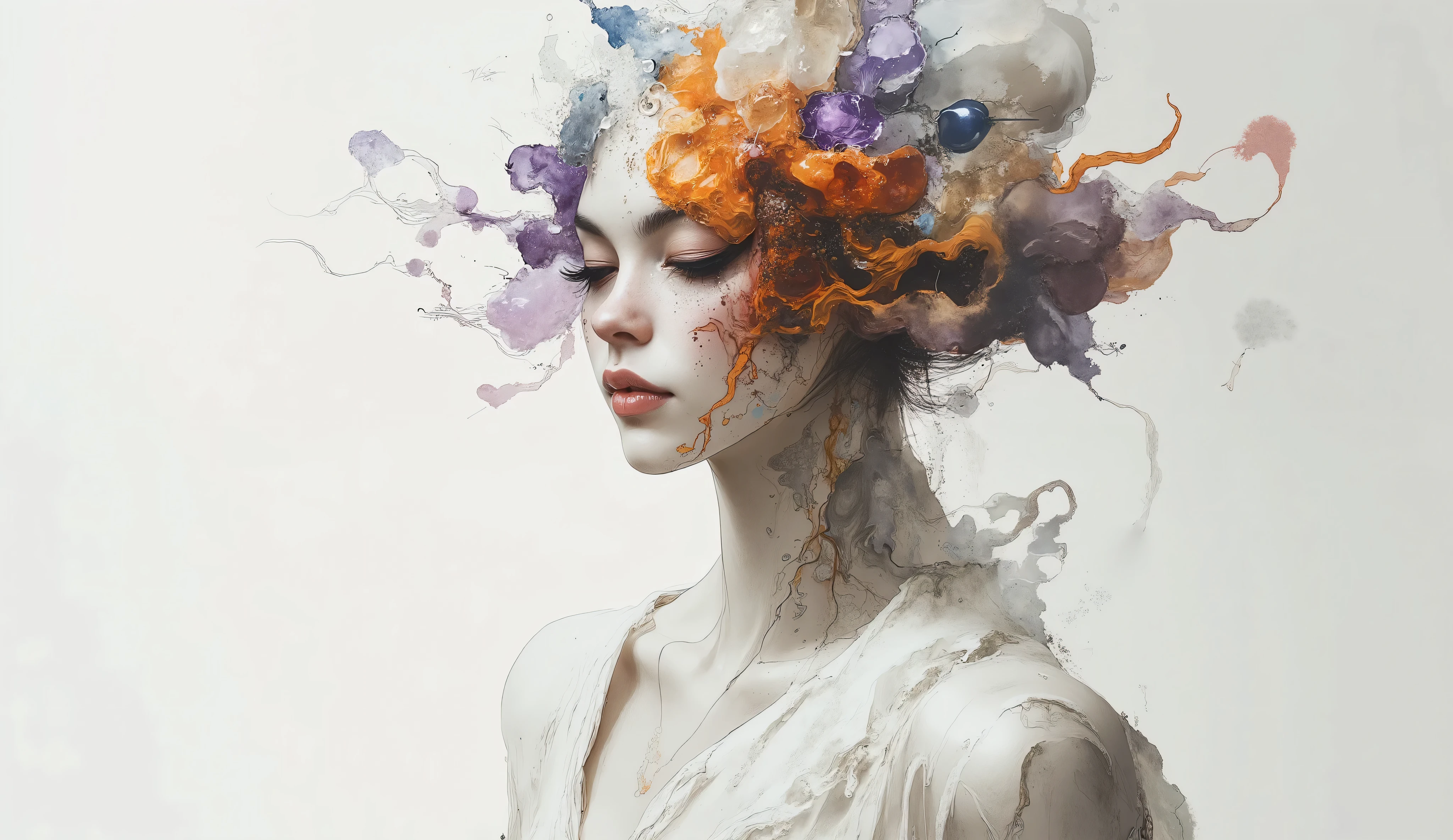imagine a surreal portrait of a woman whose face is a mosaic of various textures and materials, including amethyst crystals, fiery opals, and flowing orange dye. She stands in a minimalist white room, with a single beam of light illuminating her face. Her expression is serene and contemplative. The scene is rendered with photorealistic detail, capturing the intricate textures and subtle color variations. In the style of surrealist photography, reminiscent of Man Ray and Salvador Dali, with a touch of modern digital art.