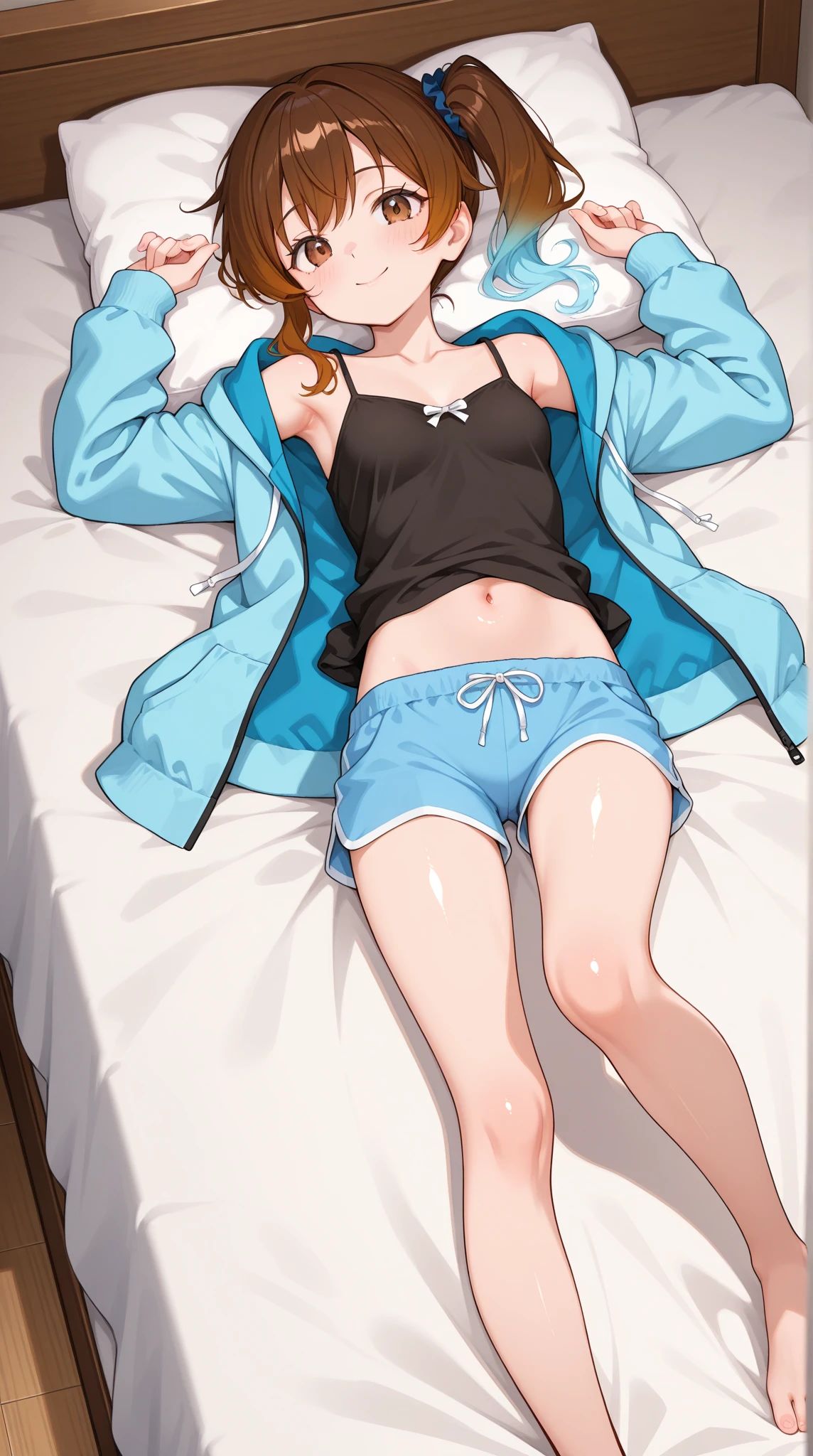 (masterpiece:1.1), (high resolusion:1.2), (illustration:1.05), (ultra detailed 8k art:1.05), (finely detailed beautiful eyes), perfect face, bright pupils, lustrous skin, 1girl, <lora:KeiryVtuber-10:0.7> KeiryVtuber,horse ears,(horns:1),streaked hair,multicolored hair,ahoge,blue eyes,brown hair, arms up, (wide hips:1.5),crossed legs, , lying, on bed, blue hoodie , short shorts, smile, blushed