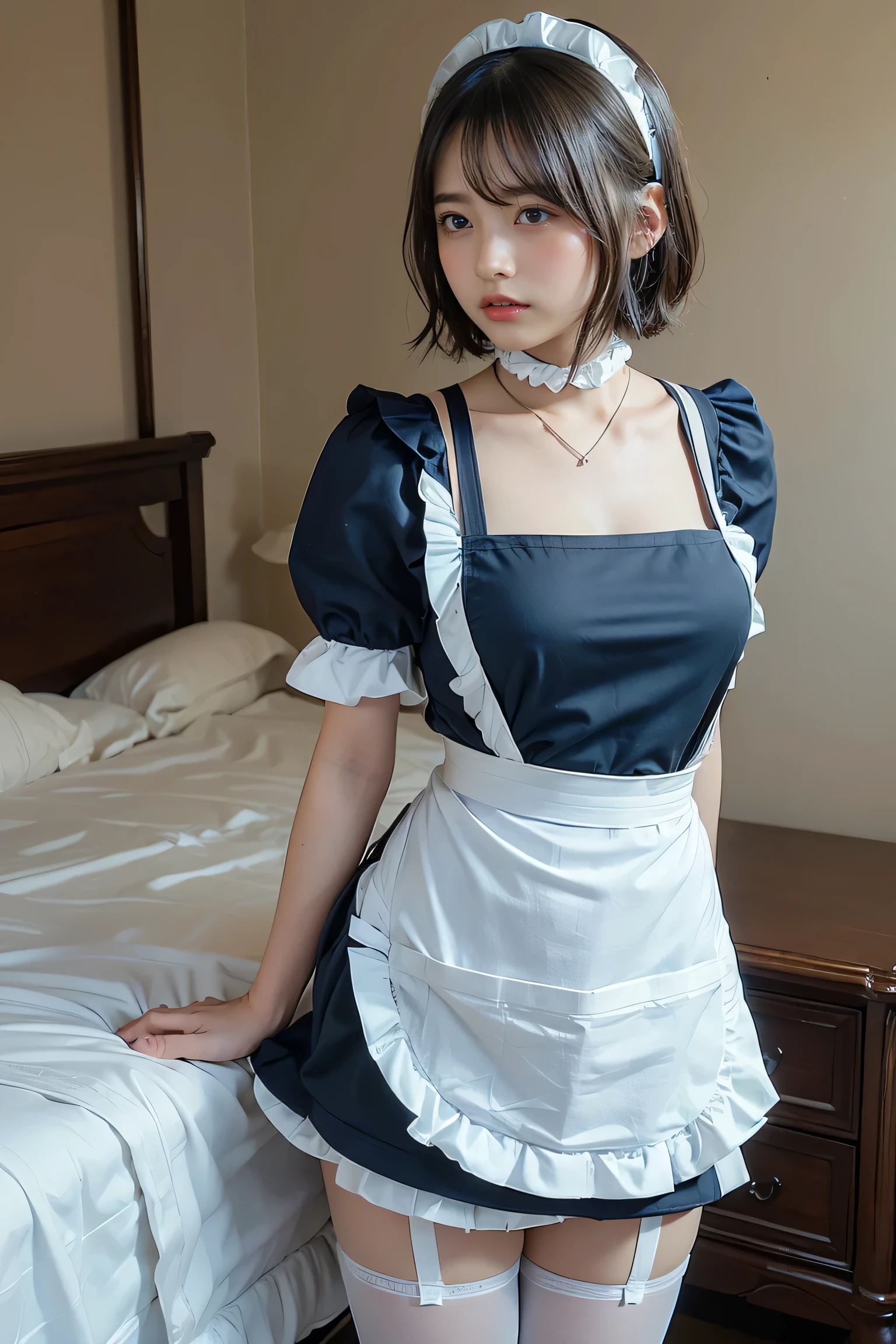 there is a woman sitting on a bed talking on a cell phone, in dress, cosplay of a catboy! maid! Dress, dressed with fluent clothes, dressed with long fluent clothes, frilly outfit, fairycore, belle delphine, low quality video, ruan cute vtuber, wearing a white folkdrakt dress, maid clothes