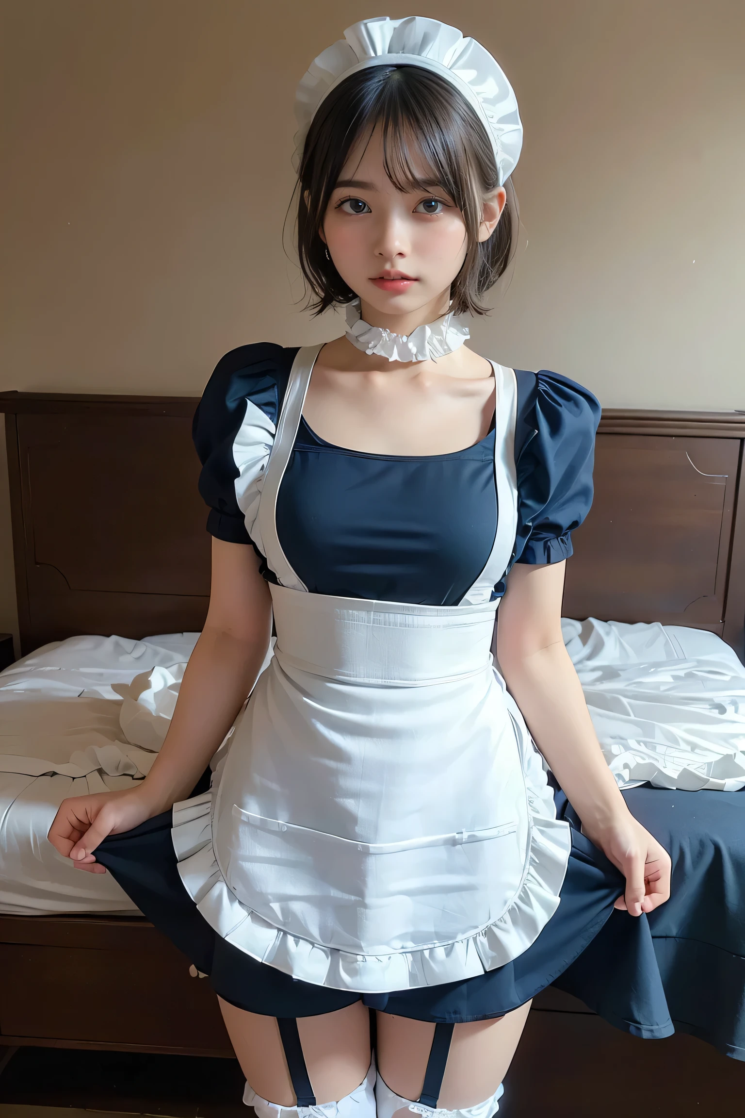 there is a woman sitting on a bed talking on a cell phone, loli in dress, cosplay of a catboy! maid! Dress, dressed with fluent clothes, dressed with long fluent clothes, frilly outfit, fairycore, belle delphine, low quality video, ruan cute vtuber, wearing a white folkdrakt dress, maid clothes