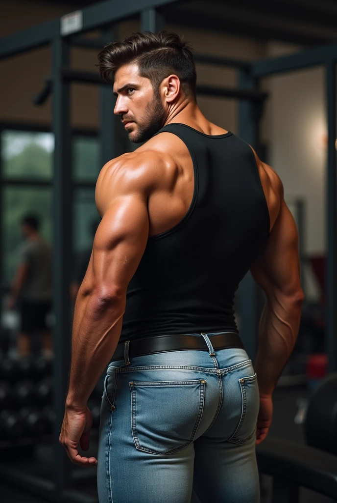 realistic photo of  muscular and masculine man, 40 years old, full body, mustache,  detailed face. In the gym.  tigth black short jeans .backside