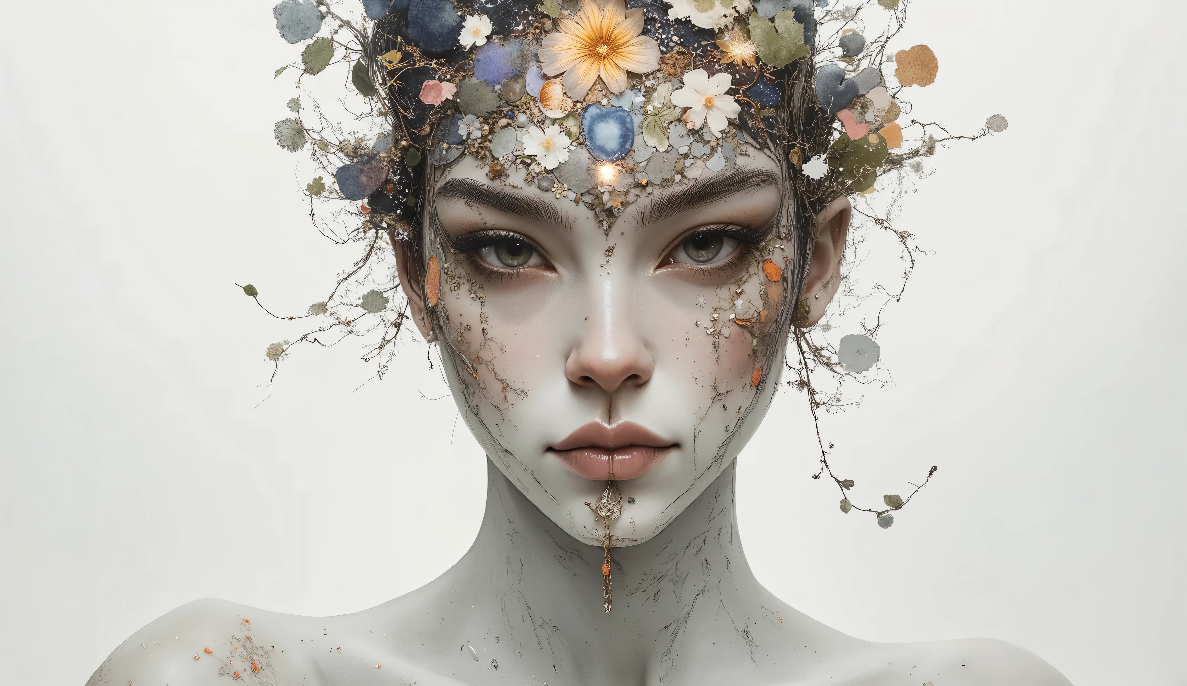 imagine a surreal portrait of a woman whose face is a mosaic of various textures and materials, including flowers, fiery opals, and leafs and branchs. She stands in a minimalist white room, with a single beam of light illuminating her face. Her expression is serene and contemplative. The scene is rendered with photorealistic detail, capturing the intricate textures and subtle color variations. In the style of surrealist photography, reminiscent of Man Ray and Salvador Dali, with a touch of modern digital art.
