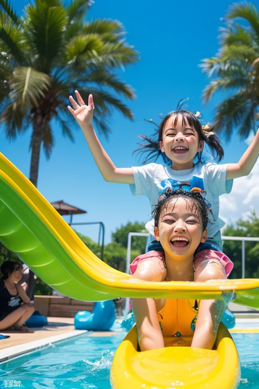 Cheerful children ride down the slide on New Year&#39;s Eve.