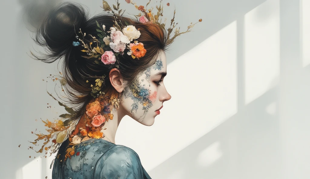 imagine a surreal portrait of a woman whose face is a mosaic of various textures and materials, including flowers, fiery opals, and leafs and branchs. She stands in a minimalist white room, with a single beam of light illuminating her face. Her expression is serene and contemplative. The scene is rendered with photorealistic detail, capturing the intricate textures and subtle color variations. In the style of surrealist photography, reminiscent of Man Ray and Salvador Dali, with a touch of modern digital art.