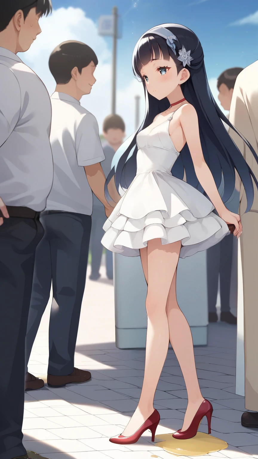 score_9, score_8_up, score_7_up, score_6_up, source_anime, nsfw,A young Japanese woman,masterpiece, Highest Quality, dramatic lighting, 8k, front view, solo, 1 girl,Petite,Short legs,straight long hair with bangs, sensual face, (very tall woman, slender body, thin legs), (small breasts, small face:1.3), 繊細な顔の特徴, detailed face, detailed eyes, white skin, (formal dress for a lewd body, Bare legs, Stiletto Heels), (I incontinent myself while standing with my legs open, feet away , Urine puddle:1.2), Outdoors,crowd,at dusk,uncensored, Censorship off ,Pretty Cure Style:1.3,glitter,