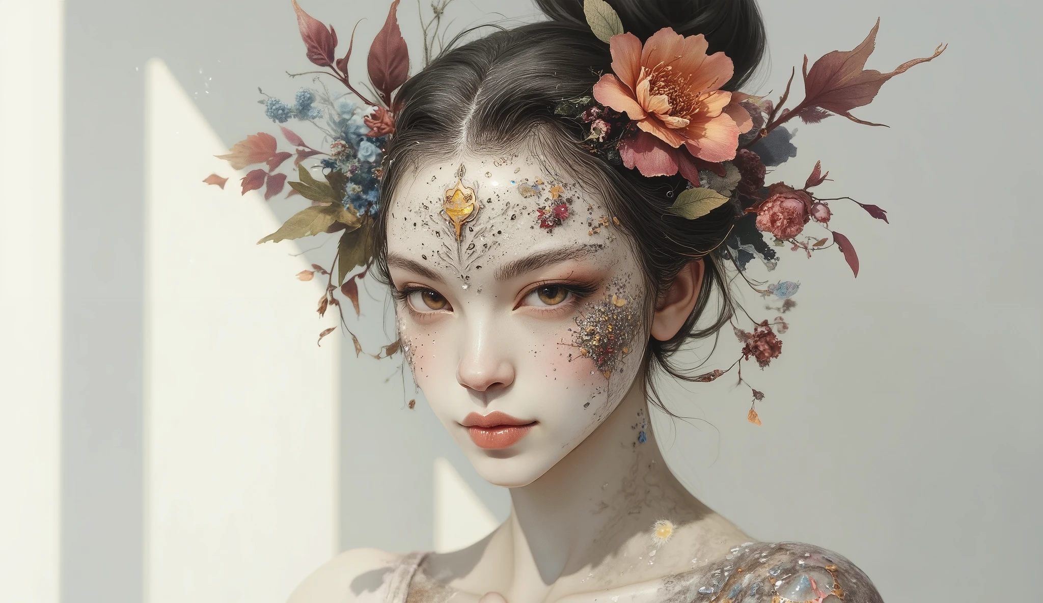 imagine a surreal portrait of a woman whose face is a mosaic of various textures and materials, including flowers, fiery opals, and leafs and branchs. She stands in a minimalist white room, with a single beam of light illuminating her face. Her expression is serene and contemplative. The scene is rendered with photorealistic detail, capturing the intricate textures and subtle color variations. In the style of surrealist photography, reminiscent of Man Ray and Salvador Dali, with a touch of modern digital art.