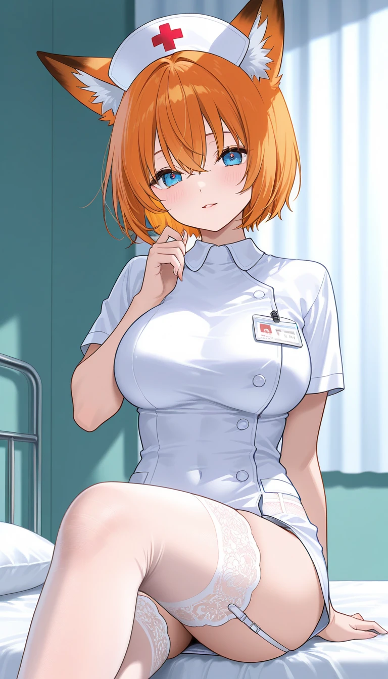 Woman 30 years, short red hair, nurse nurse, tight white clothing, unbuttoned blouse, no buttons, no bra, no bra, beautiful huge soft breasts, leaning forward, arms and hands resting on the knee, close-up, looking forward, penetrating and sensual look, slightly wide hips, big ass