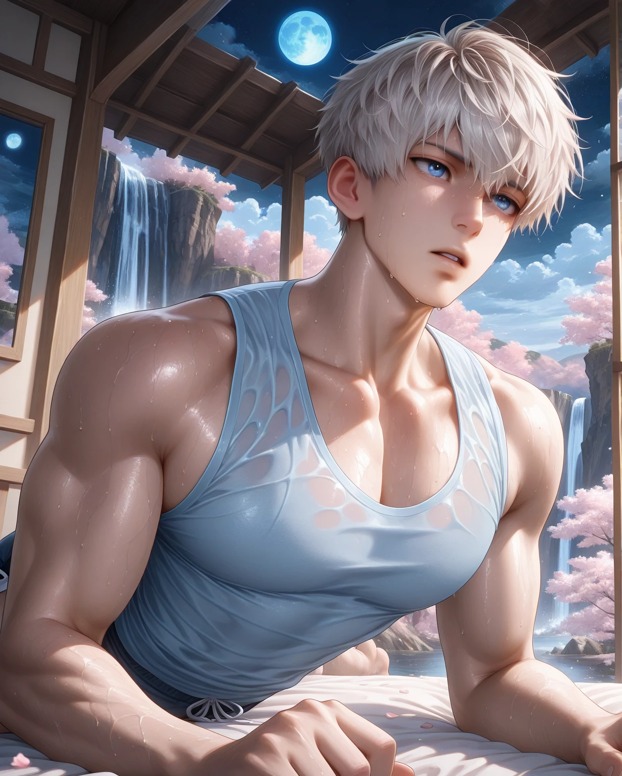 Boy, white hair, blue eyes, sharp features, serious, white skin, pink lips, shirtless 