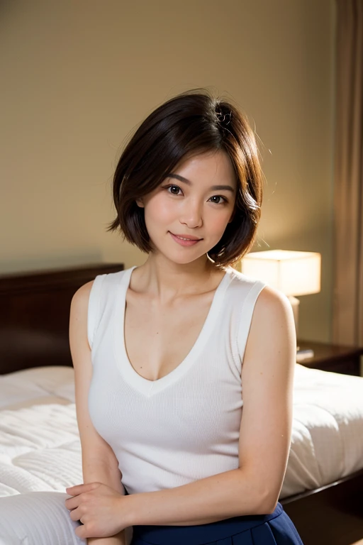 Very cute 20 year old Japanese woman, corners of mouth turned up, gentle smile, muffin top, detailed face, detailed body with nice curves, in the living room. Late night, movie photography, Leica 50 mm prime lens, Cine Steel 800T film, art color photography