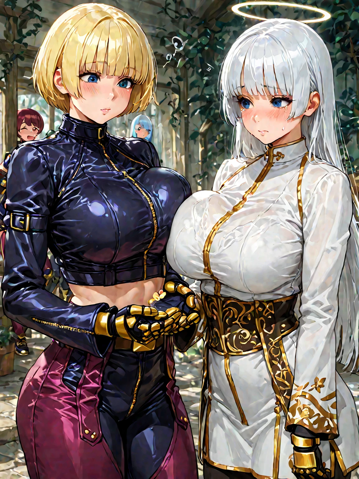 (huge tits:2,5), busty, masterpiece, best quality, samui, black kimono, cleavage, vambraces, cowboy shot, looking at viewer, emotionless, blonde hair, blue eyes, 1 woman, small waist, mini skirt