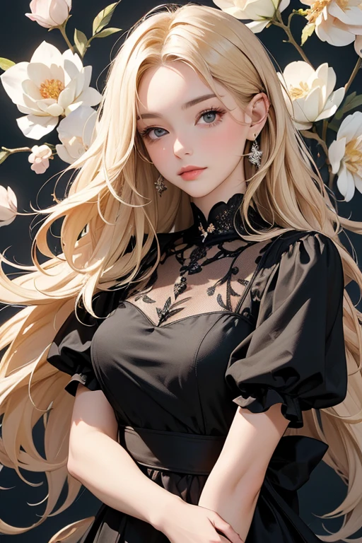 (masterpiece, High resolution, Very detailed:1.3), One girl, One arm behind head, (smile:0.5) Edge Petal, Woman in a black dress, wearing Edge Petal, Garden Background, Dim break (Long blonde hair), Middle parted hair