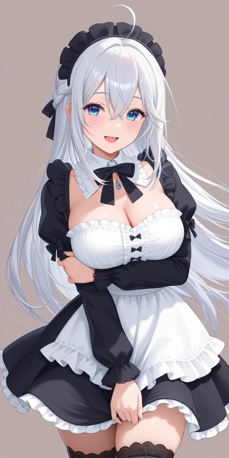 ((tmasterpiece:1.4,Best quality at best))+,(hyper-detailing)+,(詳細な目:1.5)+,(fox ear:1.5),(cute girls),(skyblue eyes:1.5),Gray hair,Low double ponytail,(wariza:1.2),pale-skinned,Seductive smile,black crystal block,Red crystal on forehead,(White maid outfit:1.5),(black ribbon,White stockings,White apron,a white long skirt:1.4),dense fog,metal chains,golden silk gloves,snowfield,trpical garden,Lift up your skirt and spin around,(Classical maid:1.1),(dawn light:1.2),(Thick black and white:1.16),(Close-up cleavage:1.1),(elevation perspective:1.3)
