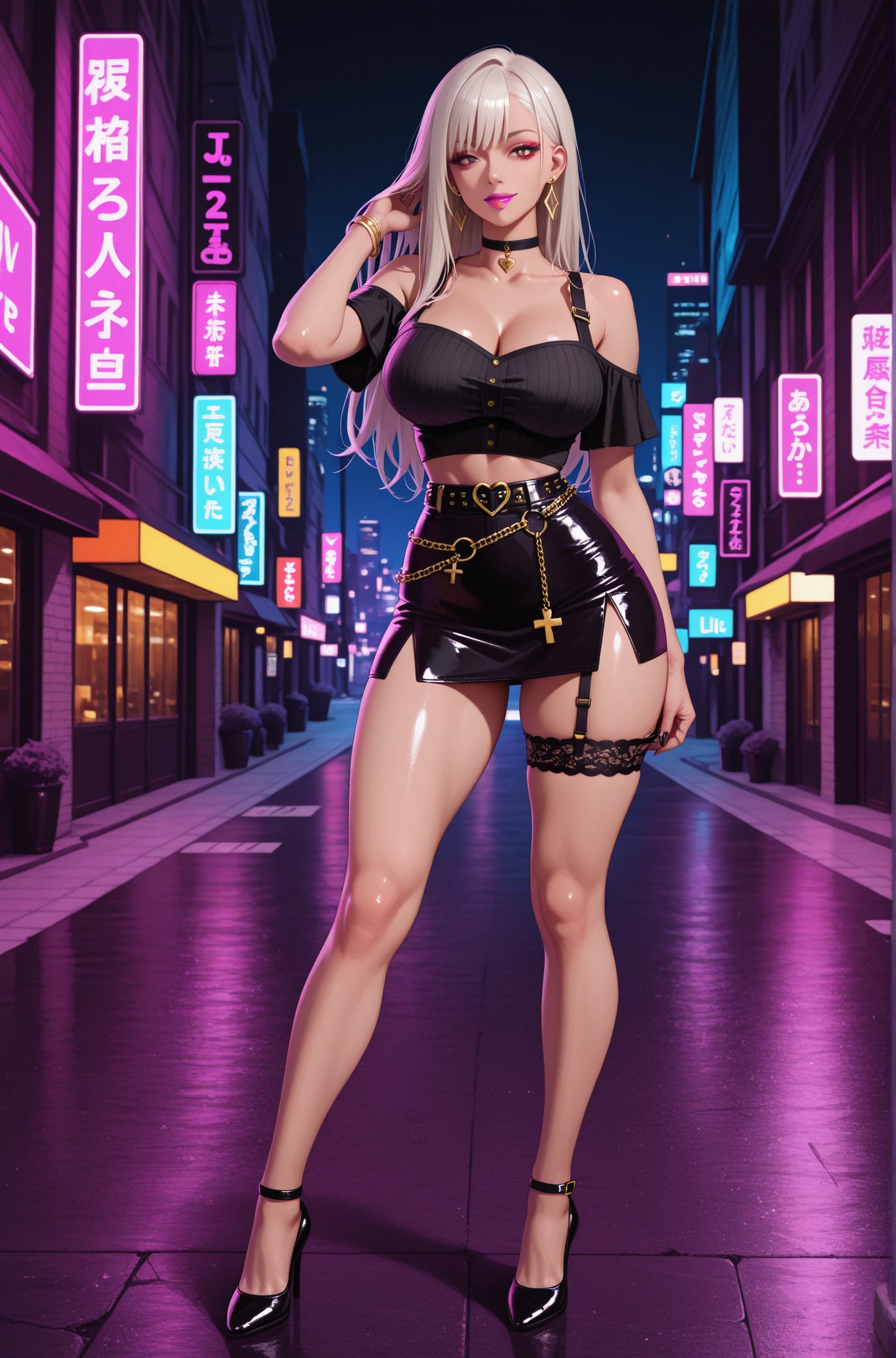 Cyberpunk american woman City, Street, Night, neon light, neon sign, masterpiece, best quality, highres, JK,huge tit,huge breasts, pink hair,long hair,looking at viewer, pleated skirt,shirt tucked in,short hair,skirt,smile,tented shirt