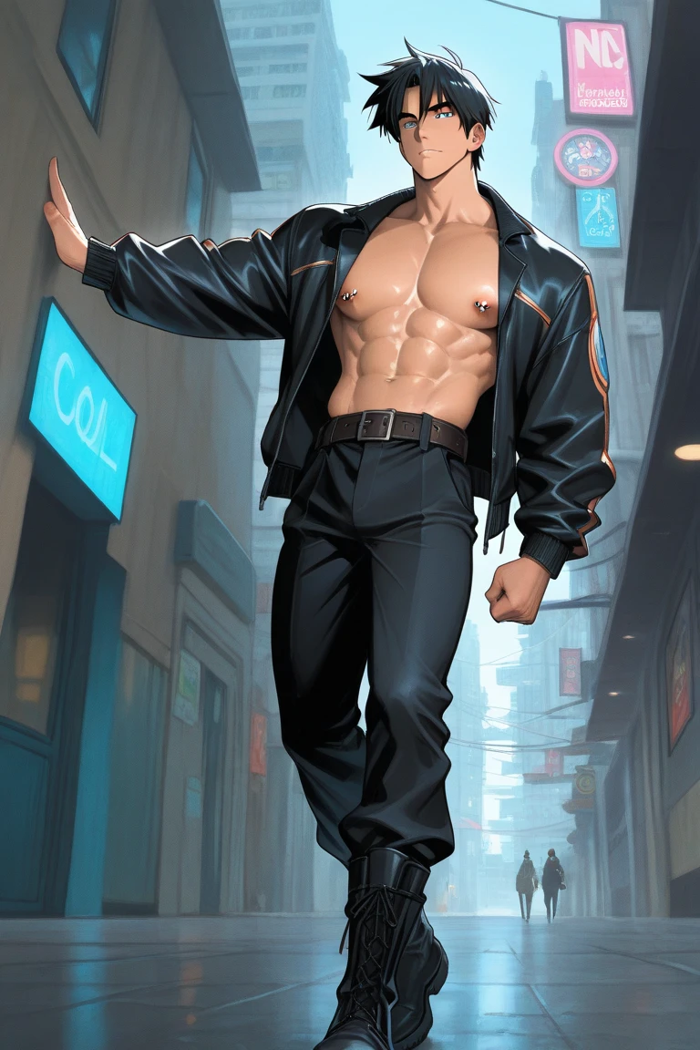 Tips: Full body shot, game character design, Bruce Lee walking towards the camera, topless body, hands in pockets, cigarette on his lips, empty eyes, Hokuto Shinken character, Kenjiro, top side light, deserted city street (far view, blurred depth of field), elevation perspective - AR 10:16 - style expression