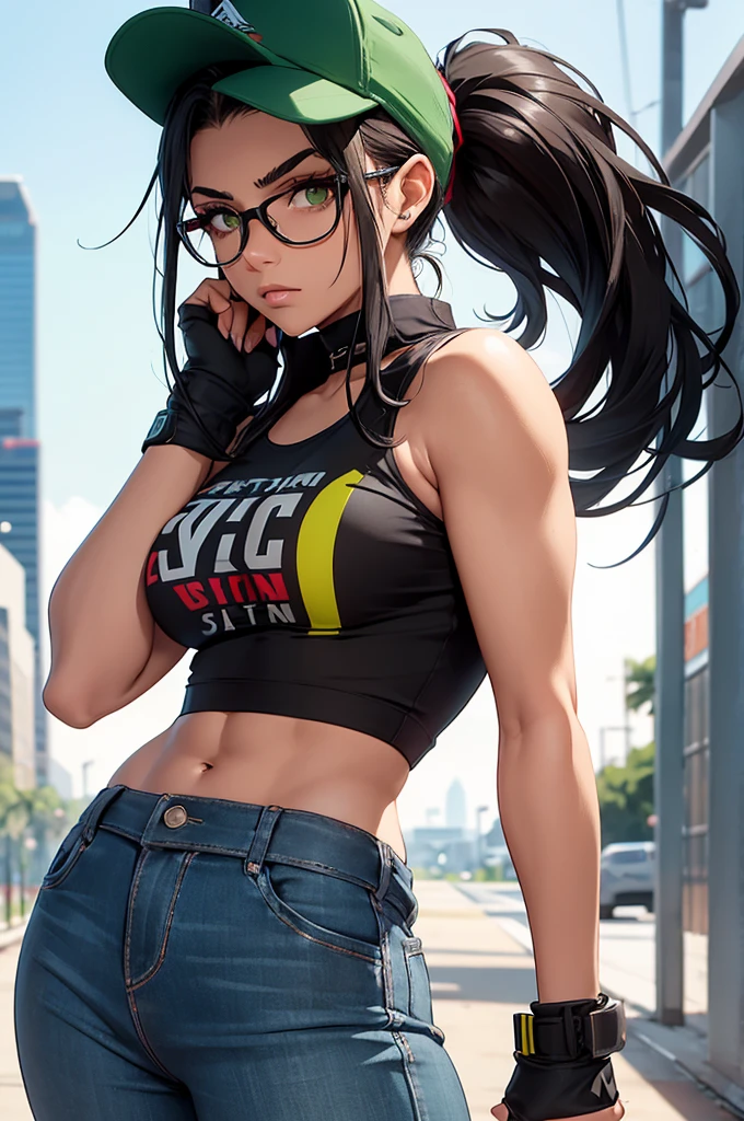 (masterpiece, best quality: 1.2), cowboy shot, solo, 1girl, yaoyorozu momo, anime screencap, city, long hair, black hair, gray eyes, looking at the viewer, lustful, closed mouth, ass, wide hips, short top, short shorts, unbuttoned shorts, erotica, back