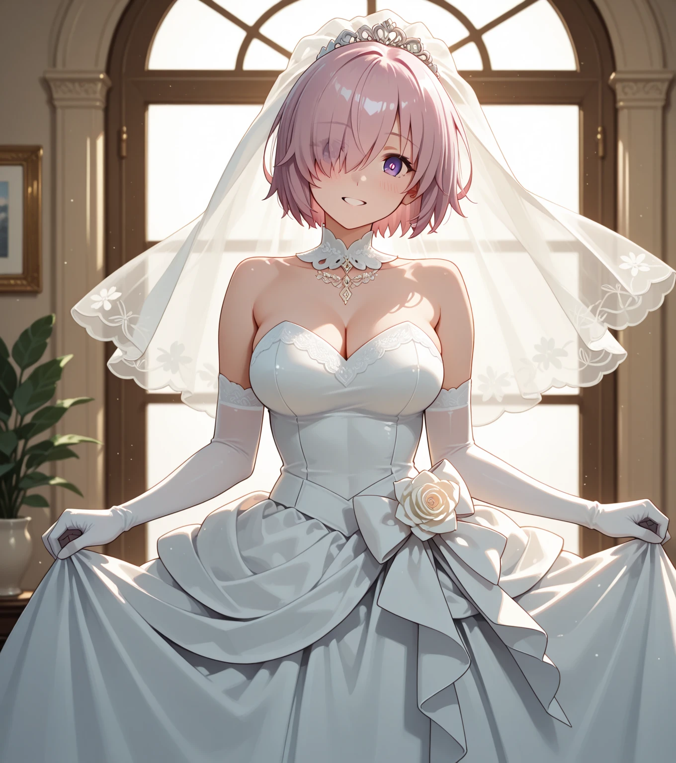 masterpiece, best quality, very aesthetic, absurdres, 1girl, mature_lady, wedding_dress,White lace miniskirt wedding dress, Holding flowers, White lace stockings, wedding hood,  ,ram_(re:zero), re:zero_kara_hajimeru_isekai_seikatsu, 1girl, pink_hair, short_hair, hair_over_one_eye, x_hair_ornament, maid_headdress, breasts,,in Desert, Desert Princess,surrounding by flowers,falling_petals, outdoors, petals,,,blur background,background defocus,