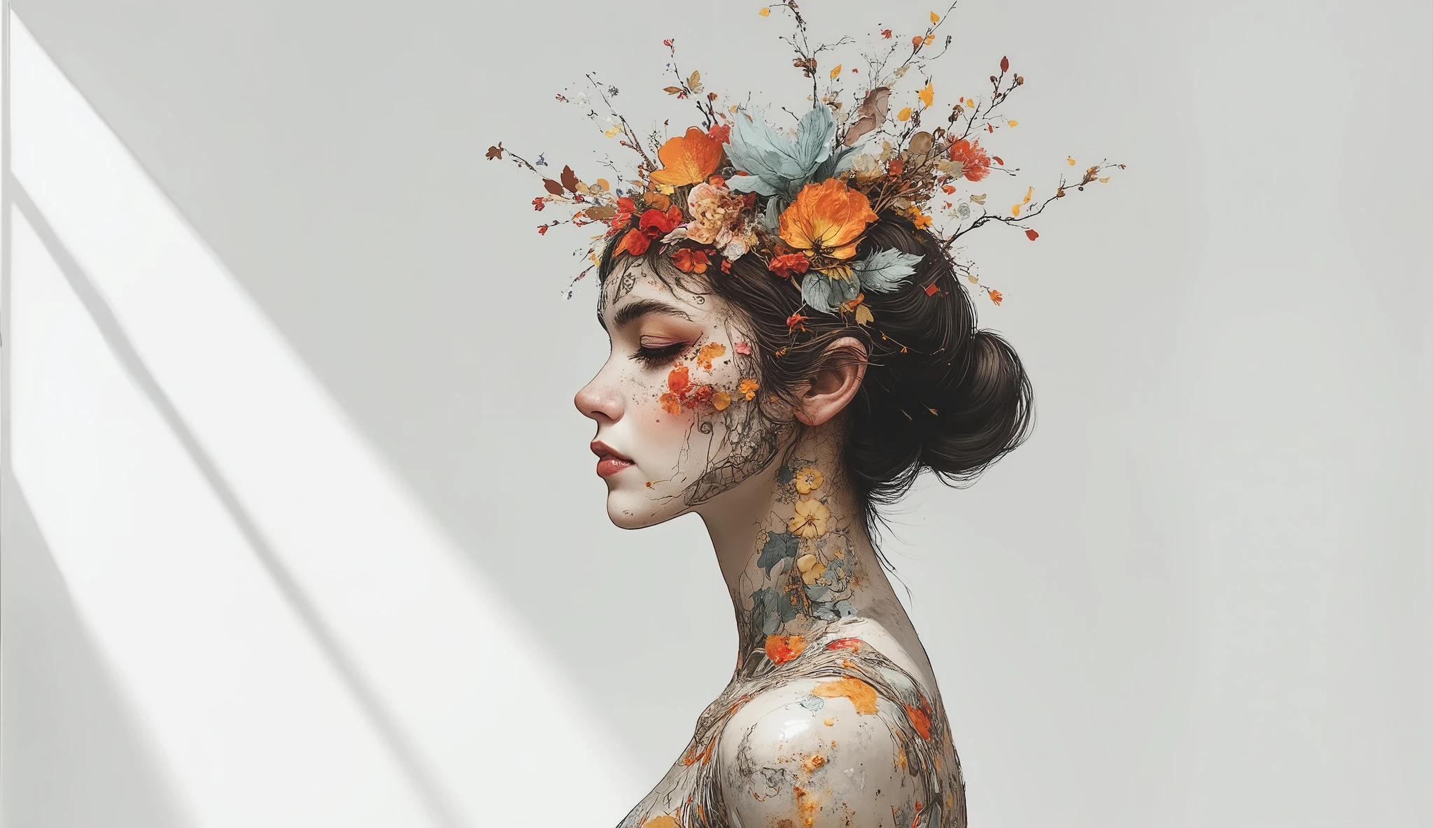 imagine a surreal portrait of a woman whose face is a mosaic of various textures and materials, including flowers, fiery opals, and leafs and branchs. She stands in a minimalist white room, with a single beam of light illuminating her face. Her expression is serene and contemplative. The scene is rendered with photorealistic detail, capturing the intricate textures and subtle color variations. In the style of surrealist photography, reminiscent of Man Ray and Salvador Dali, with a touch of modern digital art.