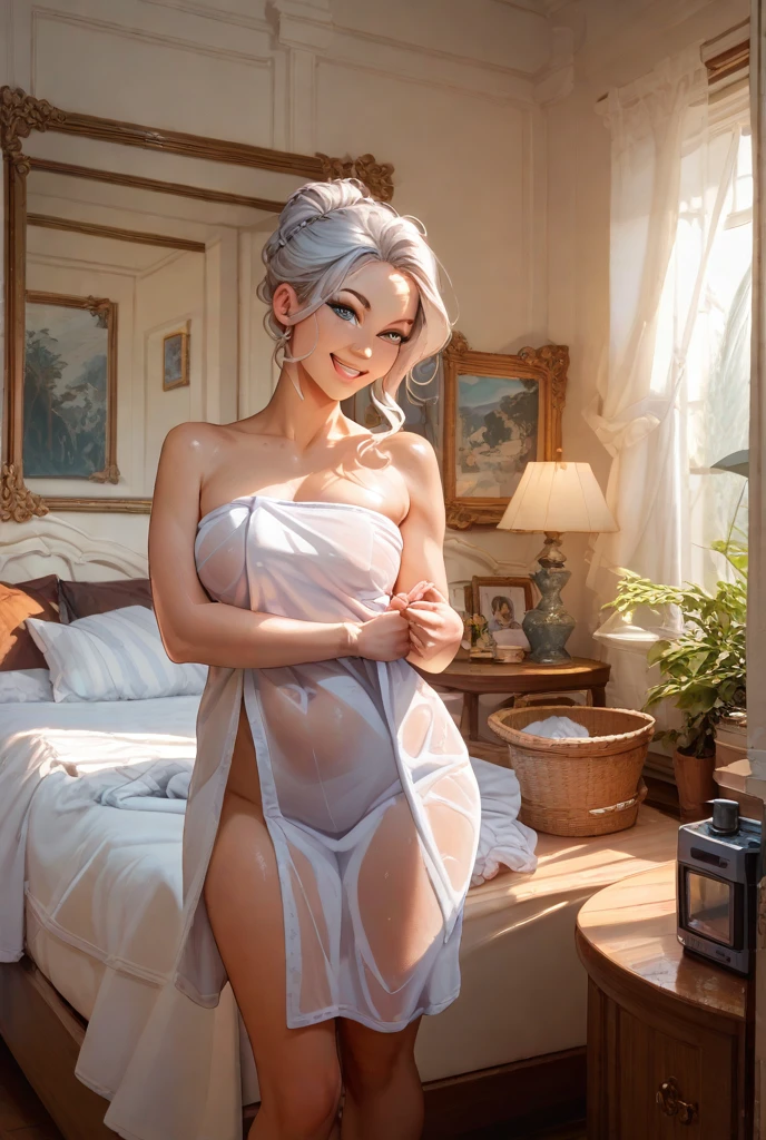 ((((, , perfect anatomy, anatomically correct, super detailed skin)))), 1 girl, japanese, 16 years old, (detailed ultra-oily shiny skin:1.1), watching the view, (smile:1.5), 
beautiful hair, beautiful face, beautiful detailed eyes, (short hair:1.2, bob cut:1.2), silver hair, (large breasts:0.8), 
beautiful clavicle, beautiful body, beautiful chest, beautiful thigh, beautiful legs, beautiful detailed fingers, five fingers, babyface, , topless, bottomless, 
(((naked towel))), 
(beautiful scenery), dressing room, walking, 
(8k, top-quality, masterpiece​:1.2, extremely detailed), (photorealistic), beautiful art, visual art, depth of fields, cinematic lighting, ,