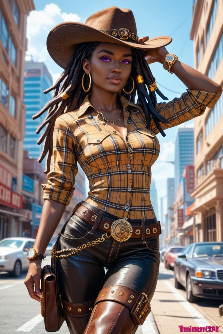 1female, huge ass, dark skin, dreadlocks, ponytail, expressionless, hazel eyes, brown hair, white shirt, baggy black pants, city background, detailed background, hands to side, sexy expression, back to the camera, displaying back, looking spectator