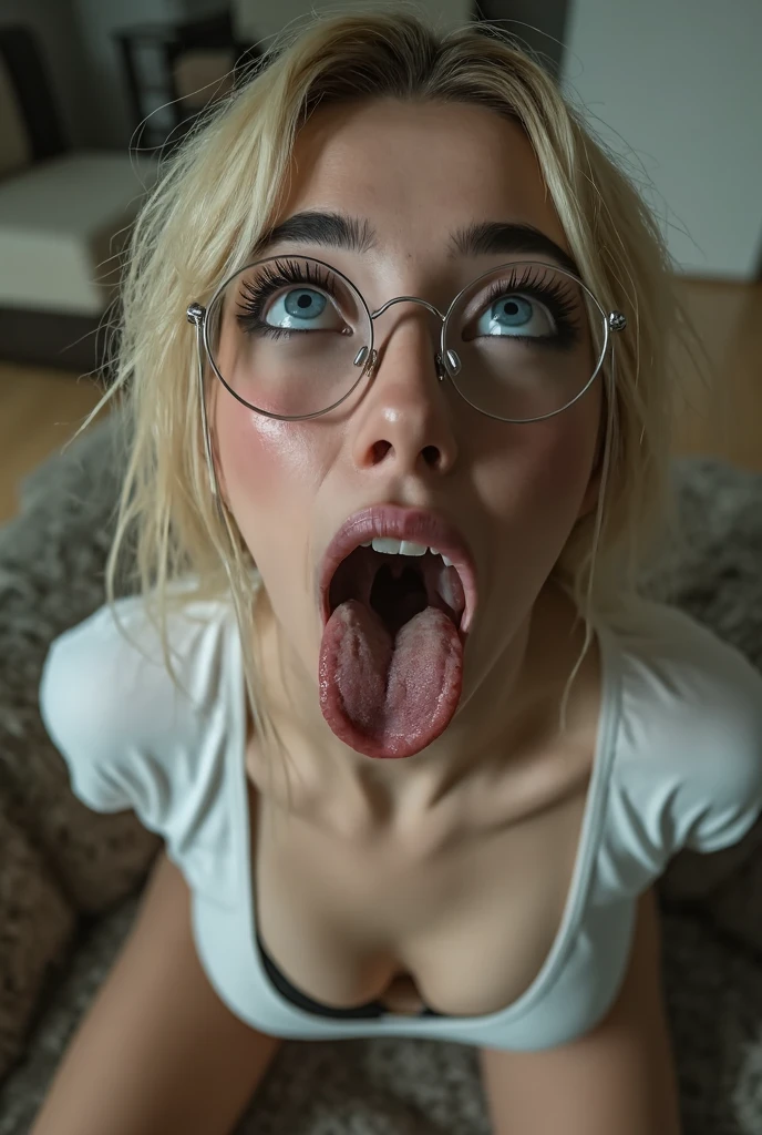 a shot from above of a young beautiful woman in her comfy cotton pajamas with brown freckles and white sugar glazing dripping from her mouth and braces, with a sideswept French braid and round eye glasses, in a wooden camping cabin only lit by flashlights, UHD 8k focus stacking <lora:cockteaseLoRASDXL:1> (sucking cock:1.4)