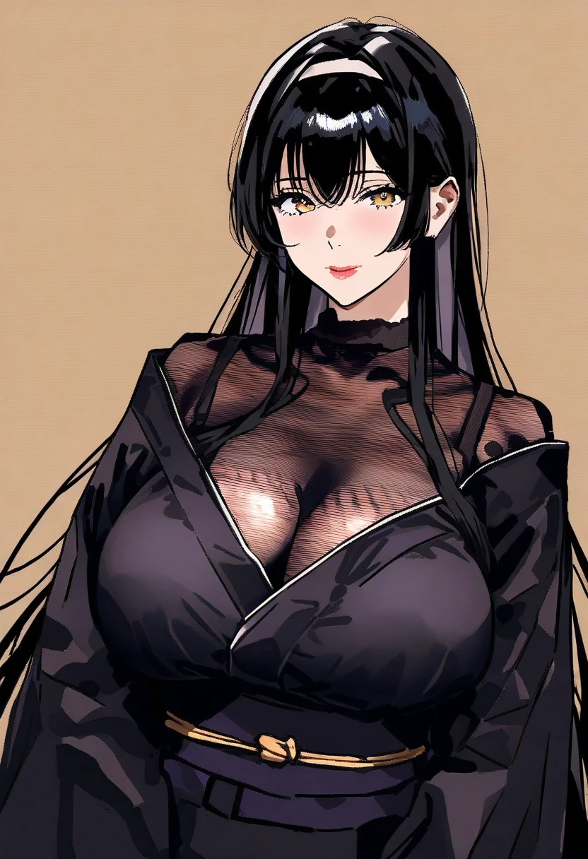 masterpiece, top quality, best quality, official art, beautiful and aesthetic, animation,, 1girl, black hair, golden eyes, long hair big sister, cold, shiny eyes, big chest ,