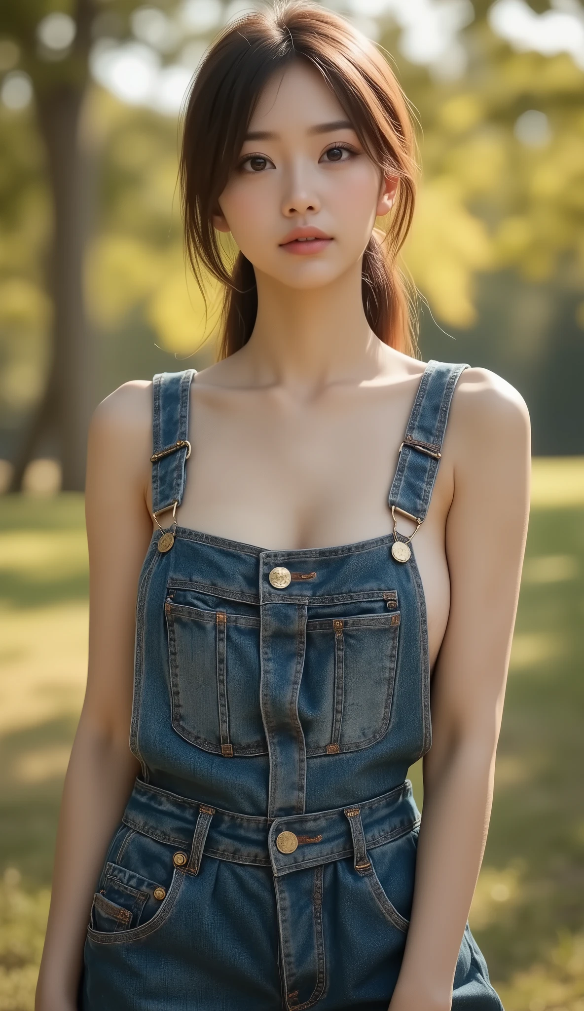 (8K, RAW Photos, Highest Quality, masutepiece: 1.7), (Realistic, Photorealistic: 1.9), NSFW, Black hair, (Blushing), Sweaty face, campsite, Full body, whole body, (overalls), (Small breasts), (Standing), Open mouth slightly, nippleless
