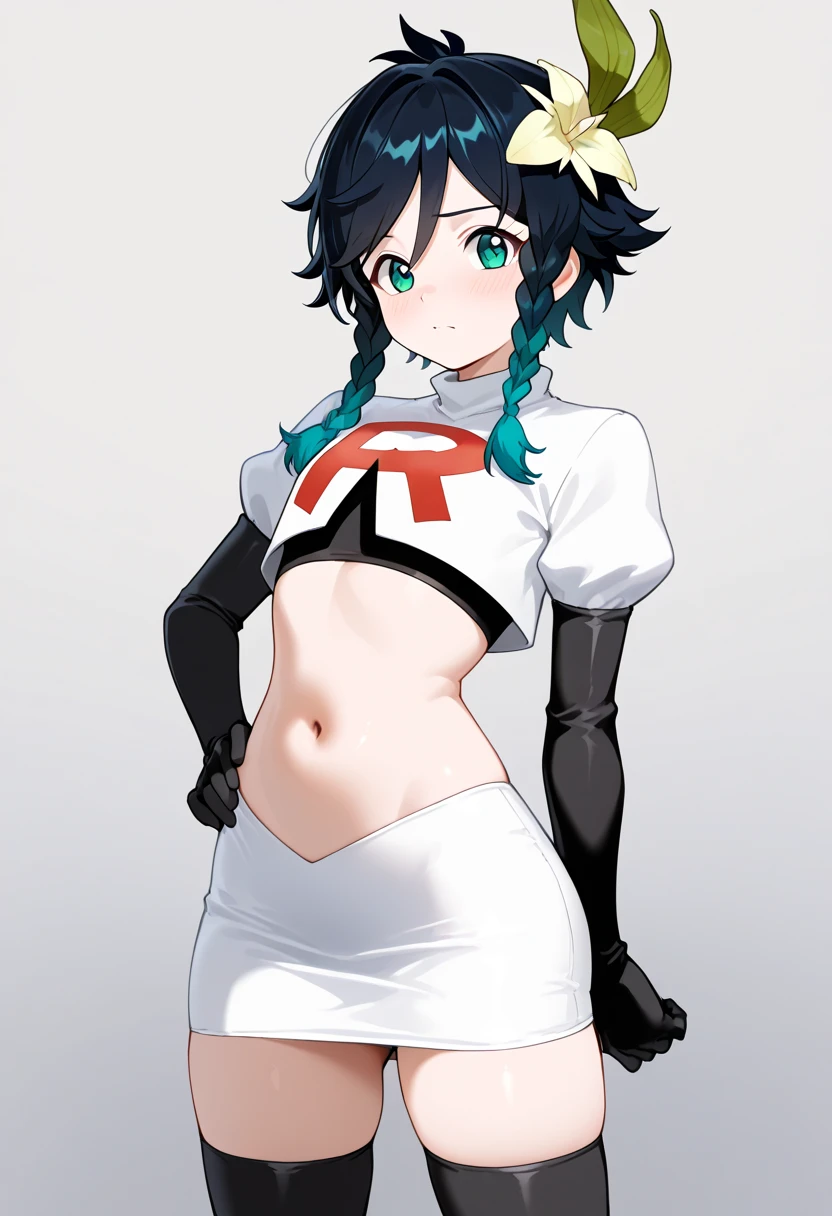 absurdres,venti,1boy, male focus, trap,black hair, green-blue hair, hair braid,hair flower,aqua green eyes,crossdressing,1boy,team rocket,team rocket uniform,white skirt,red letter R,crop top,black thigh-highs,black elbow gloves, embarrassed, blush