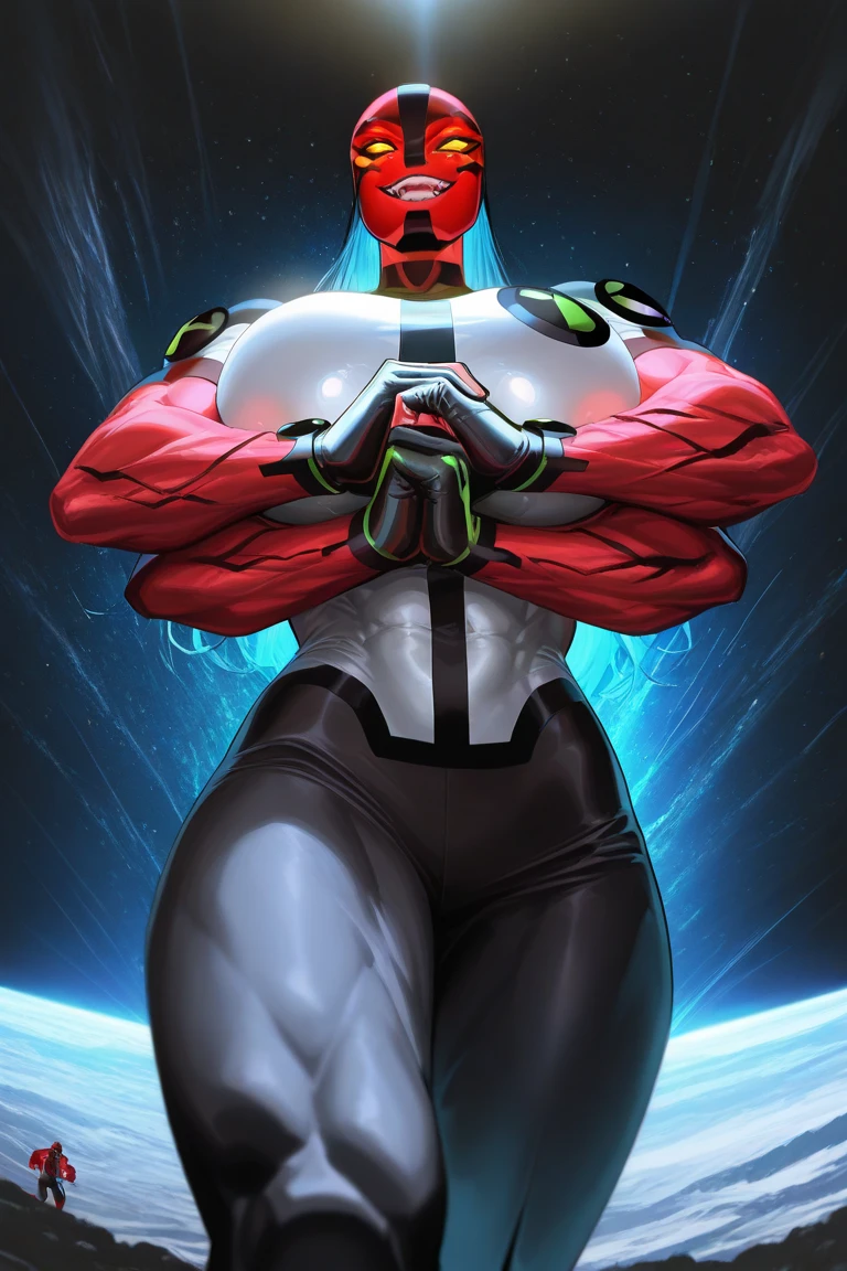(high resolution, pixel perfect, gorgeous illustrations), (hyper quality, muste piece, etheric: 1.4), ((1girl)), woman, (((((stand,open legs))))), cool atmosphere, long black hair, ((Exquisite face)), ((naughty face)), (((((((muscular))))))), ((thick thighs)), (((wide hips))), ((Big breasts that are about to burst)), fighter, (superhero), (((black_zentai, bodystocking))), see through, (((cameltoe))), shiny skin, gleaming skin, sweat, simple background,