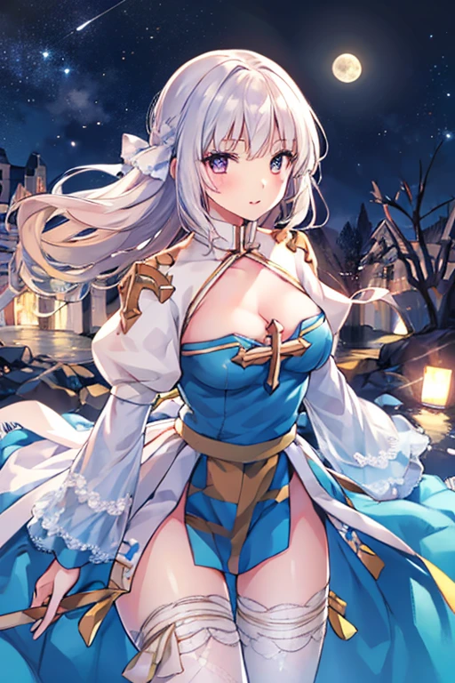 highres, highest quallity, illustration, cinematic light, ultra detailed, detailed face, (detailed eyeest quality, hyper detailed, masterpiece, (detailed face),1girl, girl, white hair, red eyes, highest details, luminous eyes, high breats, sitting,lake outside, full moon, backlighting, light rays, (high contrast), (colorful),Voluptious body, Good anatomy,iintricate,long hair,in spring,night,Alps,flowers meadows,hyper_galaxy,starry_sky,cloud,no_wings,bishoujo,fair_skin,light_blush,slit_pupils,slender_waistseductive_smile,absurdres,