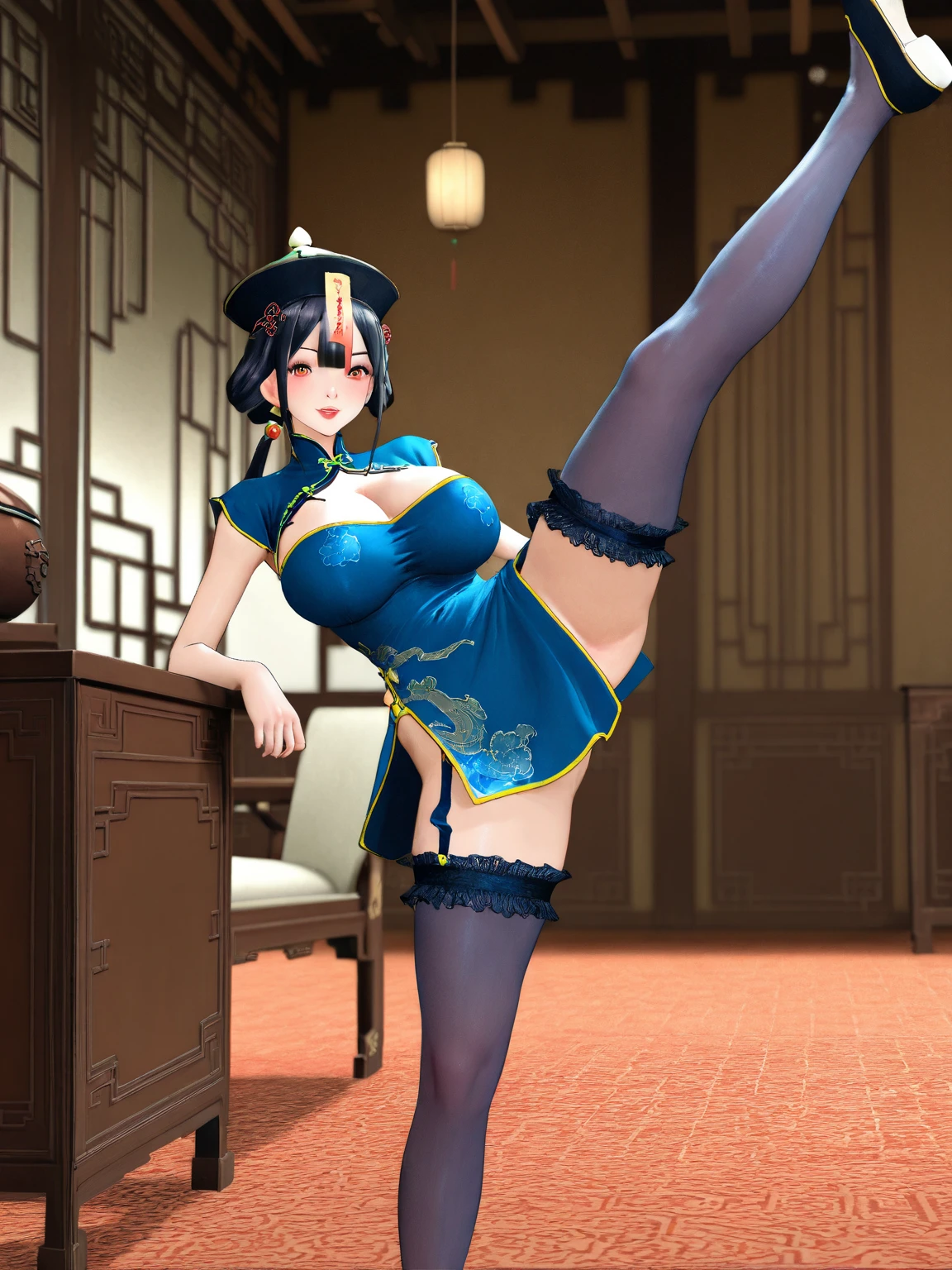 Masterpiece, Superb Product, 1 Woman, Blue Dress, Blue Cheongsam, Full Body Photo, Antique Chinese, White Cloth Bun Bun, Black Hair, Leaky Shoulders, Large Chest, Long Legs, Smile, Black Pantyhose, Pale Pink Lips, Embroidered Dress, Open, High Heels, Leaky Cleavage