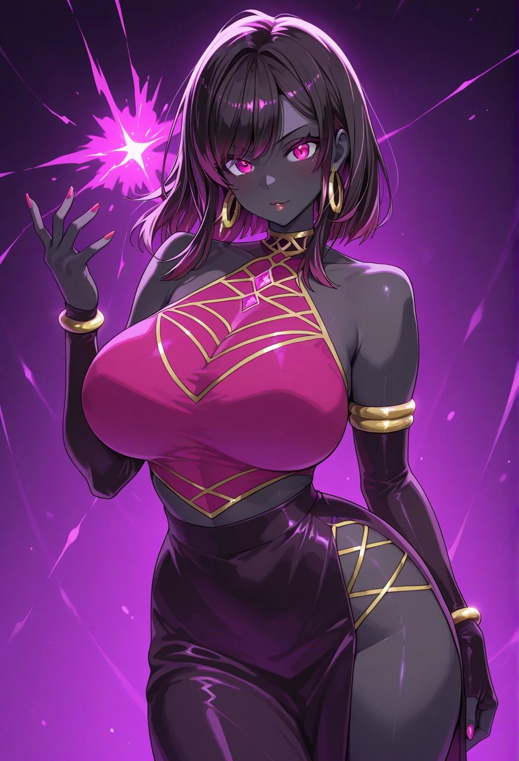 neon red, fantasy sorceress, hot woman, black curly hair, revealing magic dress, large hips, very small breasts, thick thighs, very thin waist, extremely detailed face and eyes, absurdes, 4k, sexy pose, her back, dynamic shadows, beautiful lighting, african american