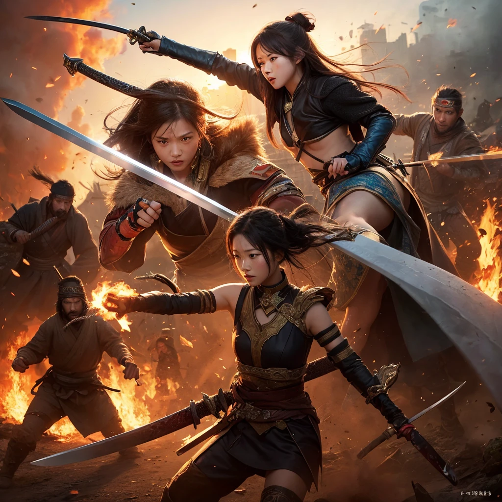 a group of 7 people, 4 girls and 3 boys, highly detailed fighter characters, full body, dramatic action pose, cinematic lighting, intricate details, hyper-realistic, vibrant colors, dynamic composition, (best quality,4k,8k,highres,masterpiece:1.2),ultra-detailed,(realistic,photorealistic,photo-realistic:1.37),digital painting,concept art