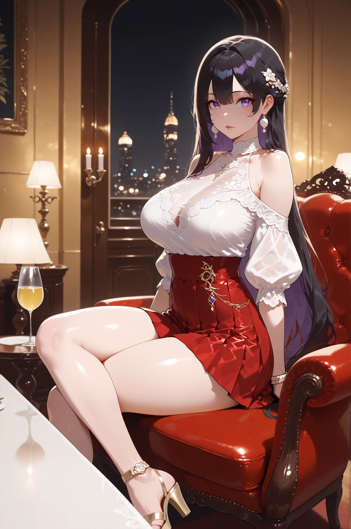 (((Masterpiece))),(((Super Detail))),(((in 8K))),(((best composition))),(((Rim lighting,Fireglow effect,deep shadow))),solo),Beautiful fingers,Detailed finger features,(Detailed hair features:1.7),(Dynamic and sexy bending pose:1.3),detailed facial features,detailed clothes features, (perky chest:1.1), (pointed chest:1.3), delicate beautiful face, Bright blue eyes, cute eyes, sparkling eyes, Big eyes, beautiful detailed eyes,double bun with glittering hair ornament:0.6,(super detailed glossy skin:1.3),slender body,goddess smile,((with sparkling eyes and a contagious smile)),beautiful posture,have a cup of coffee,black hair, red eyes, dress, bare shoulders, jewelry, collarbone, sidelocks, hairband, earrings, indoors, off shoulder, sweater, arms behind back, plant, short hair with long locks, white hairband, off-shoulder dress, sweater dress, off-shoulder sweater, red sweater, big side hair, very long side hair,(super delicate floral pattern:1.2),seductive cleavage:1.3,beautiful glossy legs,shiny red high heels,lifting dishes with cakesd,french restaurant,hustle and bustle,rising steam,(((depth of fields)))
