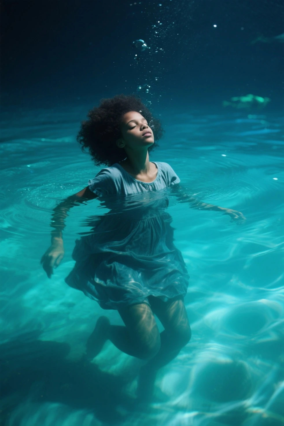 a photo of a sea witch, green short hair, evil, villain, she's coming for you, up close, dark ocean,( under water:1.1), lightning, glowing eyes, wearing a dress made out Seaweed, tentacles, octopus, (up close:1.3) <lora:Elixir:1>